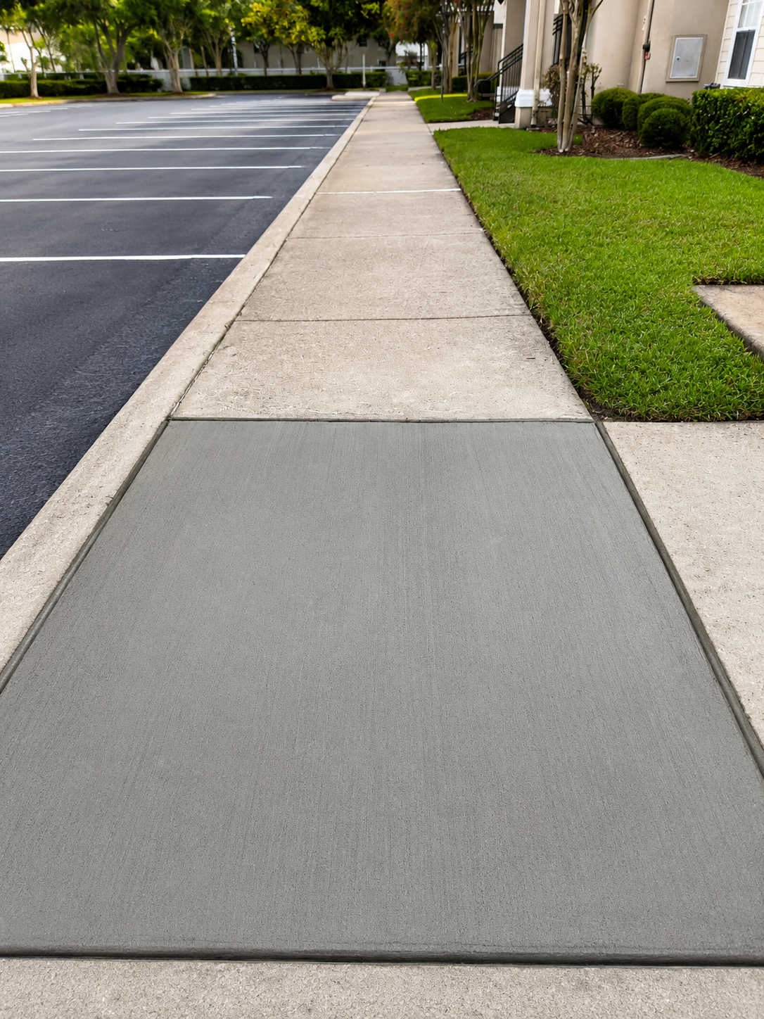 Fresh concrete sidewalk panel replacement at apartment complex with clean edge finish