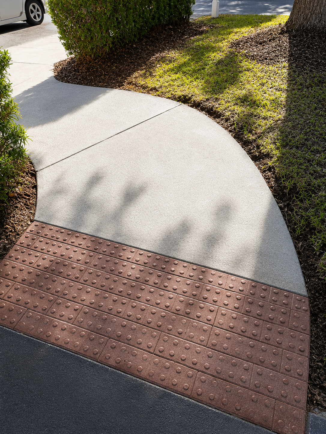 Curved concrete walkway with ADA detectable warning tile at building entrance